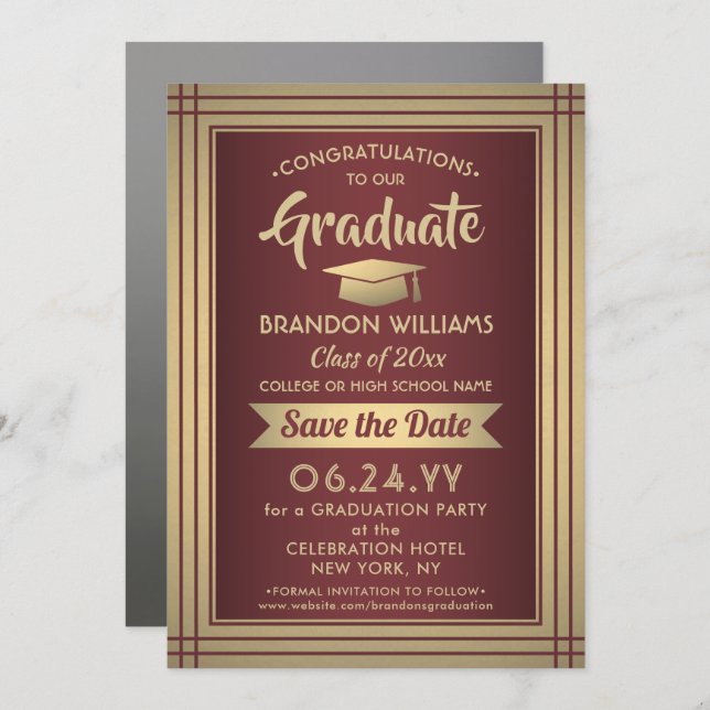 1 Photo Congratulations Graduate Burgundy and Gold Save The Date (Front/Back)