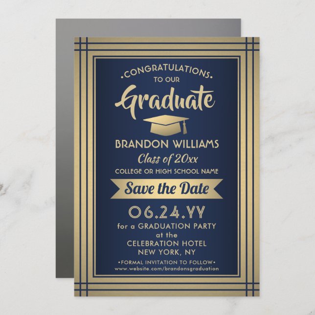 1 Photo Congratulations Graduate Navy Blue & Gold Save The Date (Front/Back)