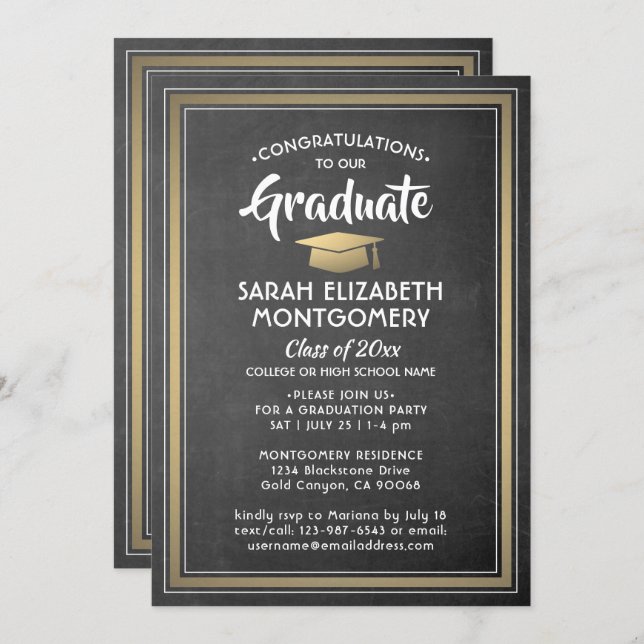 1 Photo Elegant Black Chalkboard & Gold Graduation Invitation (Front/Back)