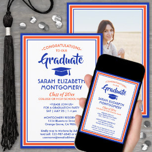 1 Photo Elegant Congrats Orange & Blue Graduation Invitation