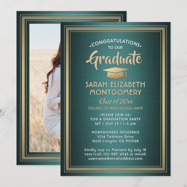 1 Photo Elegant Green Gold and White Graduation Invitation (Front/Back)