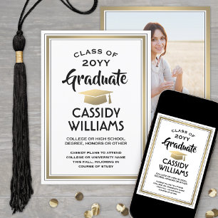 1 Photo Elegant Simple White Black Gold Graduation Announcement