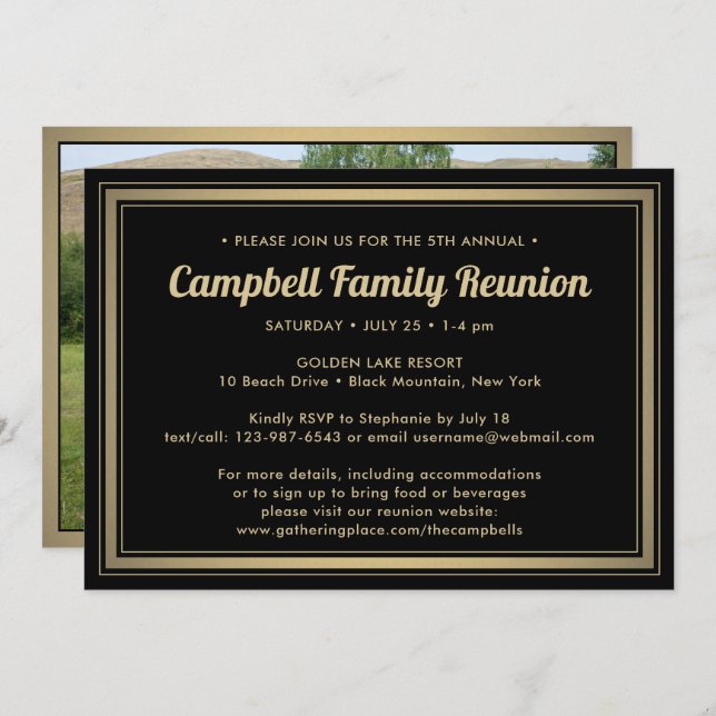 1 Photo Family Reunion Elegant Black and Gold Invitation (Front/Back)