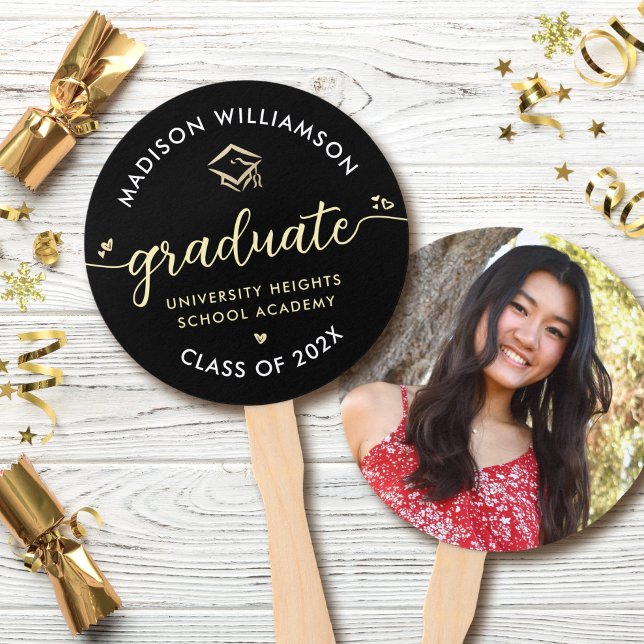 1 Photo Graduation Black Gold Script Hearts Cap Hand Fan (Creator Uploaded)