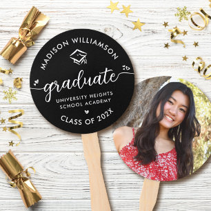 1 Photo Graduation Black Modern Script Hearts Cap Hand Fan