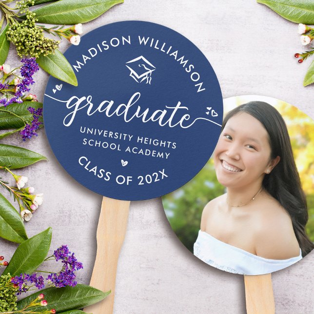 1 Photo Graduation Blue Modern Script Hearts Cap Hand Fan (Creator Uploaded)