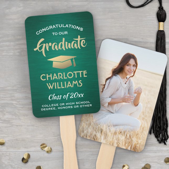 1 Photo Graduation Brushed Green Gold and White Hand Fan (Creator Uploaded)