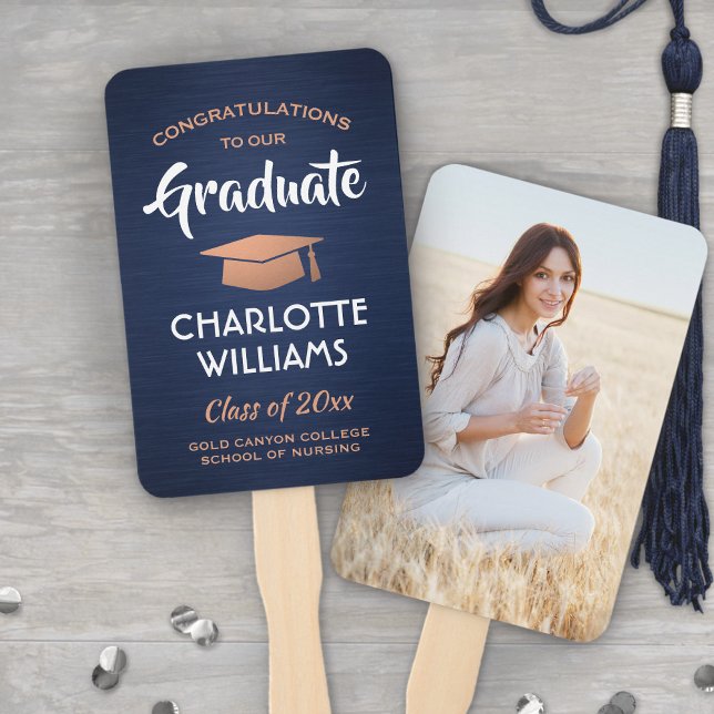 1 Photo Graduation Brushed Navy Blue White Copper Hand Fan (Creator Uploaded)