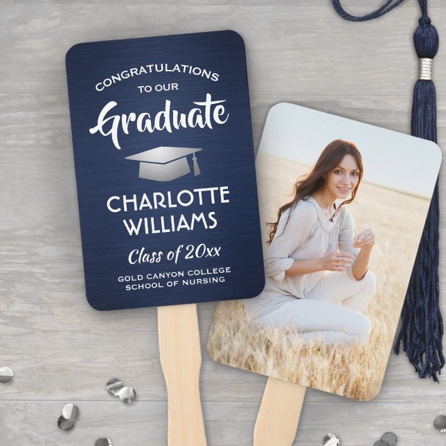 1 Photo Graduation Brushed Navy Blue White Silver Hand Fan (Creator Uploaded)