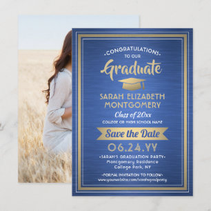 1 Photo Graduation Brushed Royal Blue and Gold Save The Date