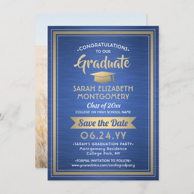 1 Photo Graduation Brushed Royal Blue and Gold Save The Date (Front/Back)