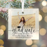 1 Photo Graduation Elegant Black Script Class Year Glass Tree Decoration<br><div class="desc">Commemorate the graduate's achievement with a custom graduation photo square glass Christmas ornament. Picture and text on this template are simple to customize. (IMAGE PLACEMENT TIP: An easy way to center a photo exactly how you want is to crop it before uploading to the Zazzle website.) Include a favorite inspirational...</div>