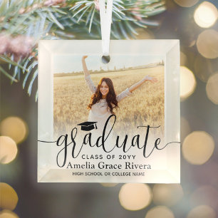 1 Photo Graduation Elegant Black Script Class Year Glass Tree Decoration