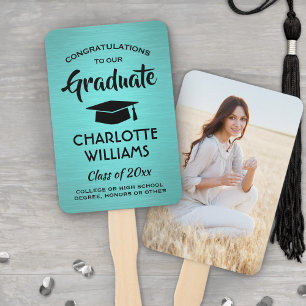 1 Photo Graduation Elegant Brushed Teal Blue Black Hand Fan