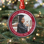 1 Photo Graduation Elegant Modern Red and White Metal Tree Decoration<br><div class="desc">Congratulations to the graduate! Commemorate graduation day with a custom photo red and white premium metal round Christmas ornament. The picture and all text on this template are simple to customise. (IMAGE PLACEMENT TIP: Any easy way to position a photo exactly how you want is to crop it before uploading...</div>