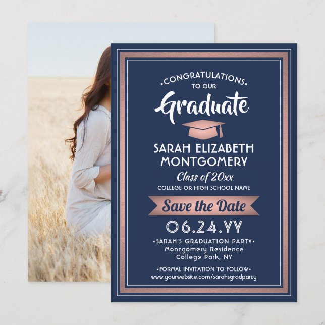 1 Photo Graduation Elegant Navy Blue and Pink Save The Date (Front/Back)