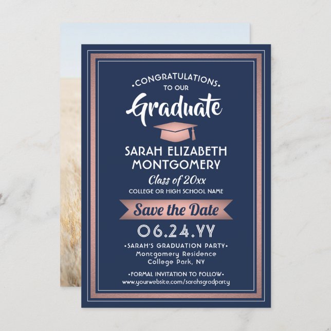 1 Photo Graduation Elegant Navy Blue and Pink Save The Date (Front/Back)