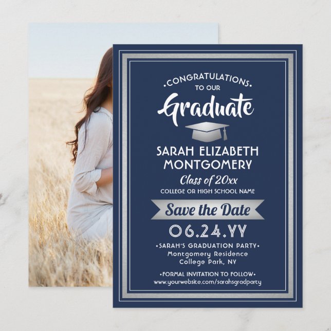 1 Photo Graduation Elegant Navy Blue and White Save The Date (Front/Back)