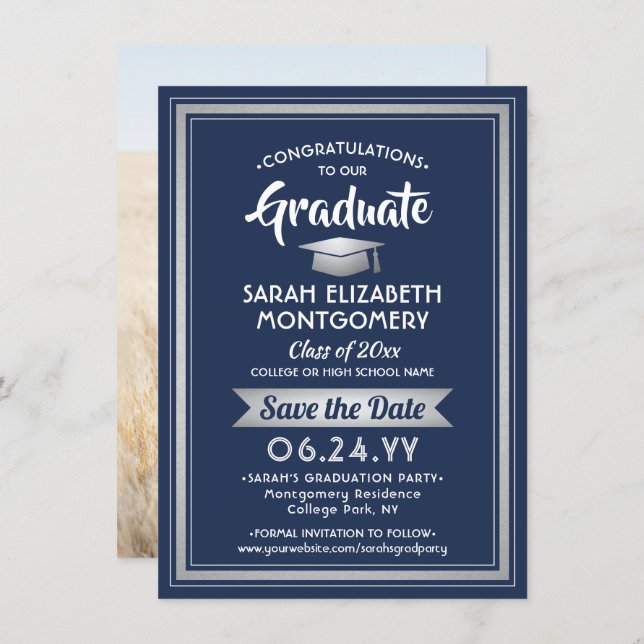 1 Photo Graduation Elegant Navy Blue and White Save The Date (Front/Back)