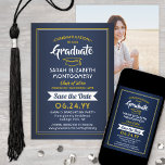 1 Photo Graduation Elegant Navy Blue & Gold Yellow Save The Date<br><div class="desc">Share the joyful news of your upcoming graduation party as well as a favourite picture with these elegant navy blue, white and yellow gold save the date invitations. Photo and all text are simple to customise. Design features handwritten style script calligraphy, modern typography graduate name, class year & school, and...</div>