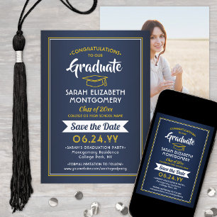 1 Photo Graduation Elegant Navy Blue & Gold Yellow Save The Date