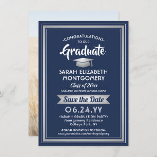 1 Photo Graduation Elegant Navy Blue White Silver Save The Date