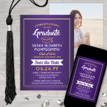 1 Photo Graduation Elegant Purple & Gold Yellow Save The Date<br><div class="desc">Share the joyful news of your upcoming graduation party as well as a favourite picture with these elegant purple, white and yellow gold save the date invitations. Photo and all text are simple to customise. Design features handwritten style script calligraphy, modern typography graduate name, class year & school, and one...</div>