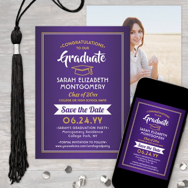 1 Photo Graduation Elegant Purple & Gold Yellow Save The Date (Creator Uploaded)