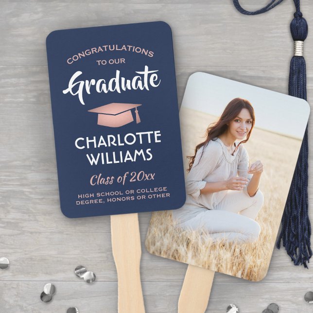 1 Photo Graduation Navy Blue and Pink Rose Gold Hand Fan (Creator Uploaded)