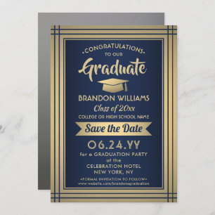 1 Photo Graduation Navy Blue Gold Faux Foil Modern Save The Date