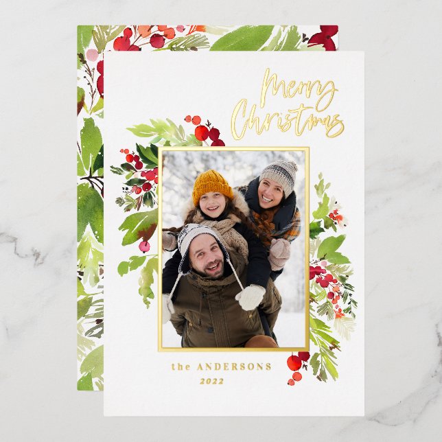 1 photo green foliage merry christmas  foil holiday card (Front/Back)