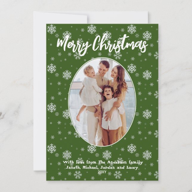 1 Photo Green Snowflakes Modern Merry Christmas Holiday Card (Front)