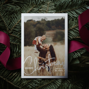 1 Photo Handwritten Minimalist Modern Real Silver Foil Holiday Postcard