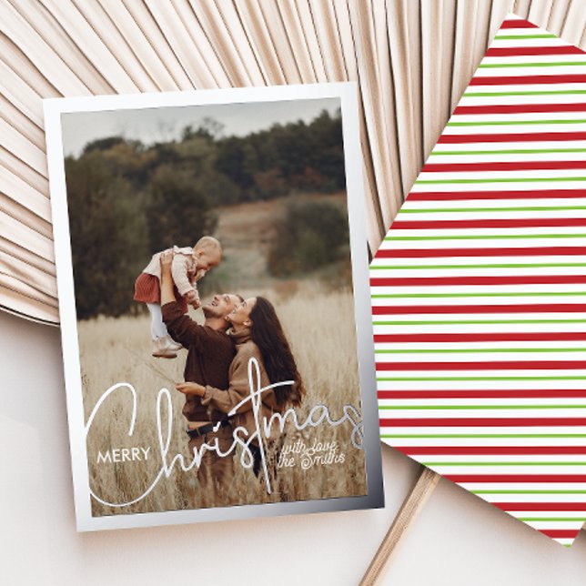 1 Photo Handwritten Script Merry Christmas Foil Holiday Card (Creator Uploaded)