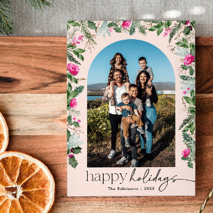 1 Photo Happy Holidays Blush Pink & Greenery Arch Holiday Card