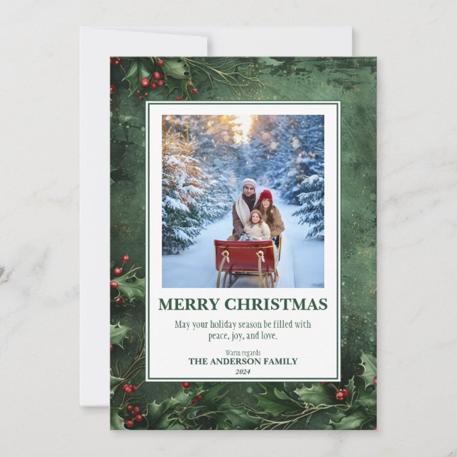 1 Photo Holly and Berry Flat Christmas Card (Front)