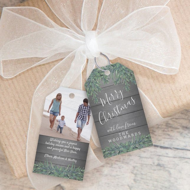 1 Photo Merry Christmas Greenery Rustic Grey Wood Gift Tags (Creator Uploaded)