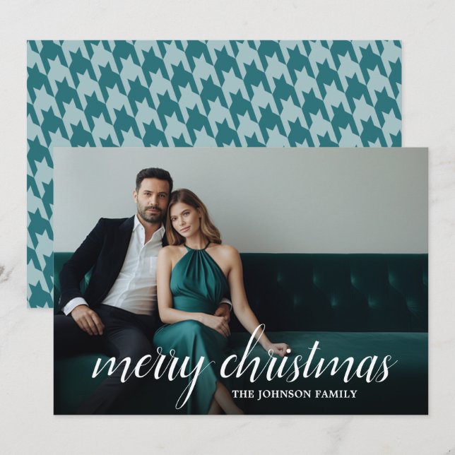 1 Photo Merry Christmas Script Houndstooth  Holiday Card (Front/Back)