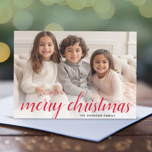 1 Photo Merry Christmas Script Red Damask Holiday Card
