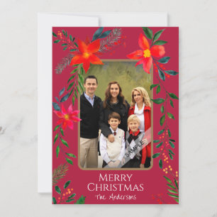 1 Photo Merry Christmas Watercolor Floral Holiday Card