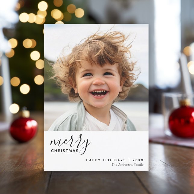 1 Photo Minimal Merry Christmas - black white Holiday Card (Modern, minimal Christmas Greeting card with photo, white border and script text.)