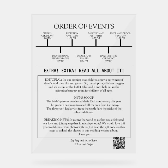 1 Photo Minimalist Elegant Script Wedding Program Acrylic Sign (Front)