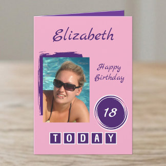 1 photo name pink purple 18th birthday card
