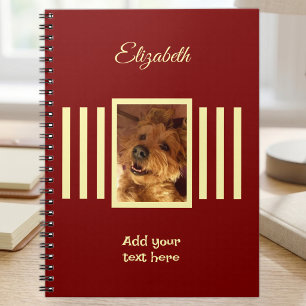 1 photo name text burgundy yellow notebook