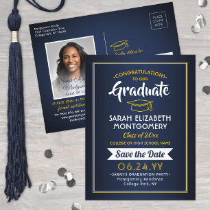1 Photo Navy Blue & Gold Graduation Save the Date Announcement Postcard