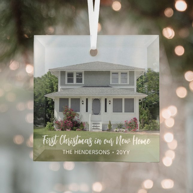 1 Photo New Home 1st Christmas Simple White Script Glass Tree Decoration (Creator Uploaded)