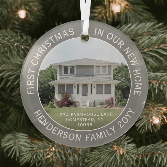 1 Photo New Home Address First Christmas Gray Glass Tree Decoration (Creator Uploaded)