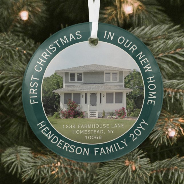 1 Photo New Home Address First Christmas Green Glass Tree Decoration (Creator Uploaded)