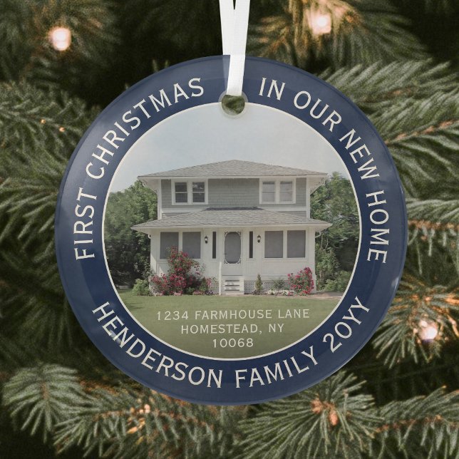 1 Photo New Home Address First Christmas Navy Blue Glass Tree Decoration (Creator Uploaded)