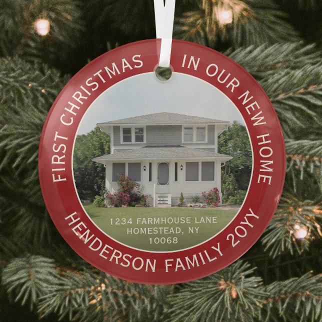 1 Photo New Home Address First Christmas Red Glass Tree Decoration (Creator Uploaded)
